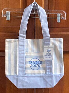 Trader Joe's Mini Canvas Tote Bag - Light Blue Striped 13in wide x 10.5in high